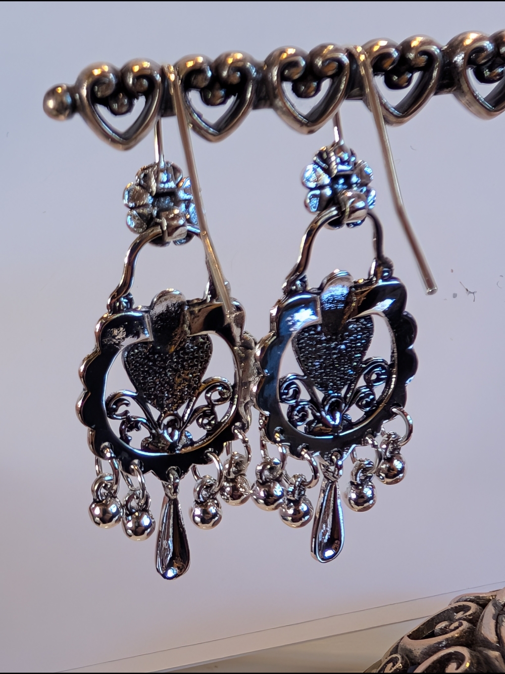 Mexican Style Silver Floral Filigree Dangle Earrings - Picture 4 of 5